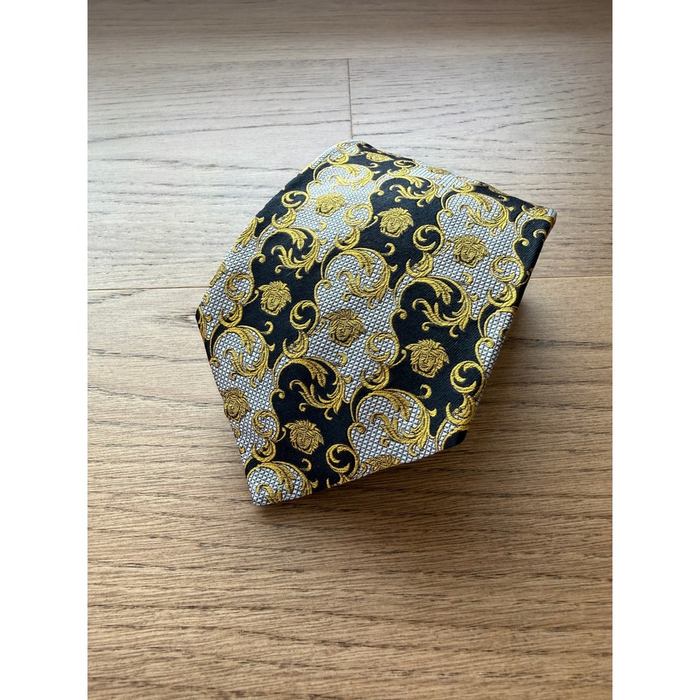 Gianni Versace Mens Silk Tie Gold Black Baroque Medusa Head Made in Italy Luxury